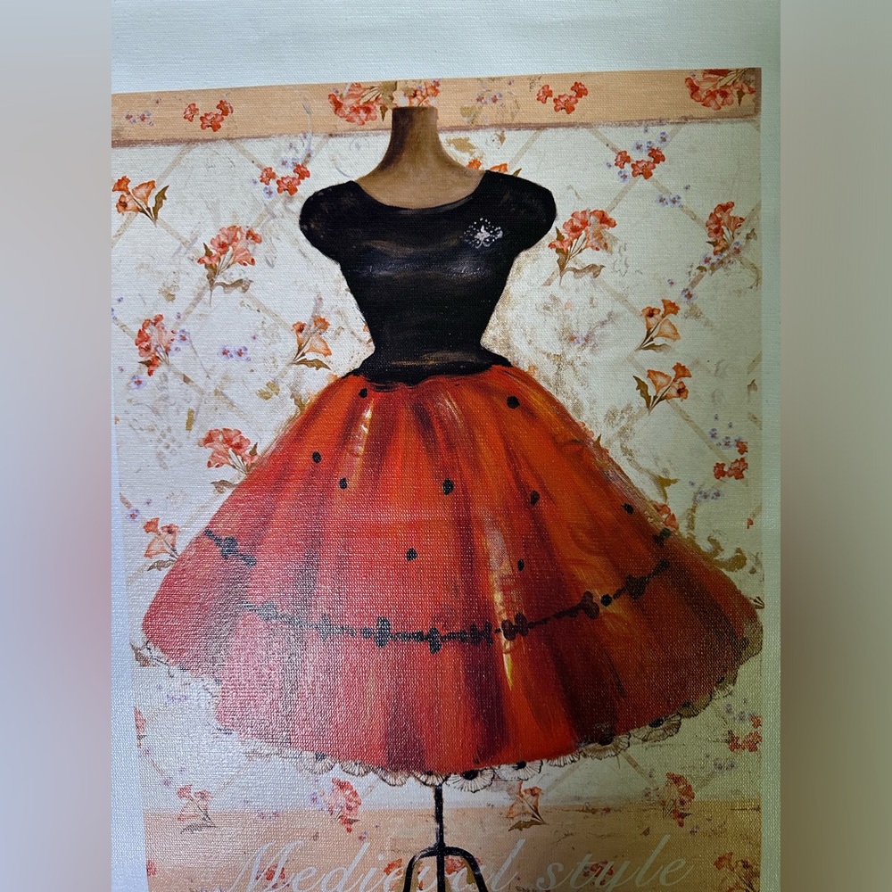 Printed‎ Art on canvas Boutique Dress Red and Black against Vintage Wallpaper